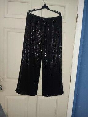 Musera Womens Black Sequin Pants Elastic Waist With Drawstring Sz S Straight Leg